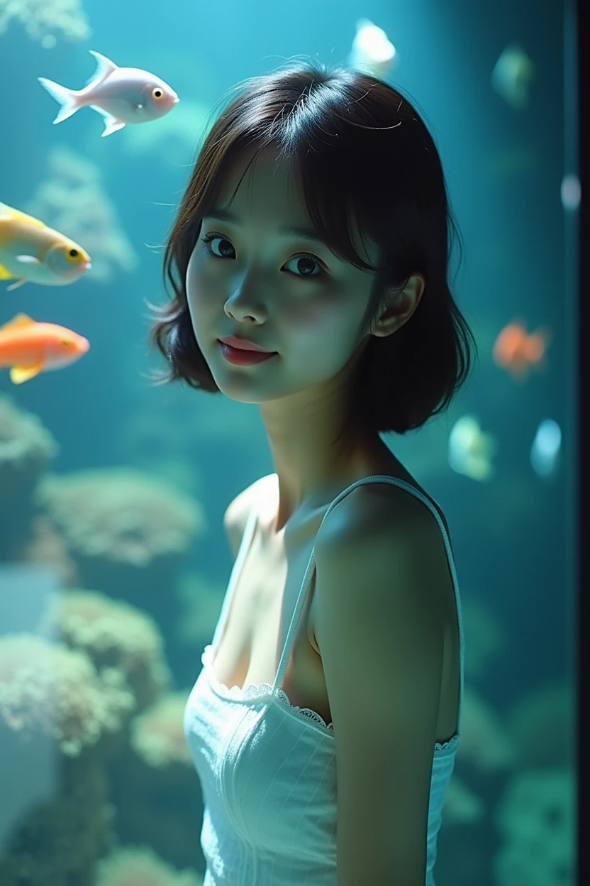 Very delicate and beautiful, wonderful, In detail, masterpiece, Very detailed, High resolution,Best Shot, Best Shadow,Complex,Sharp focus, high quality, 1 Japan woman, alone.cute,Fuka Koshiba,Yuki Sakurai, aquarium, Aquarium fish, Colorful coral reefs, Woman observing fish, Woman reflected in aquarium、Fish are swimming everywhere, Lens flare,No sleeve,Beautiful breasts,Cool eyes,Glossy Lips,smile,Glowing Skin,Clear Skin,From below,From the waist up、Front blur、OMeters-D E-Meters1 Metersark III,Meters.Zuiko Digital ED 17mm F1.2 Pro,f2.8、Looking into the camera、Waistline、Churaumi