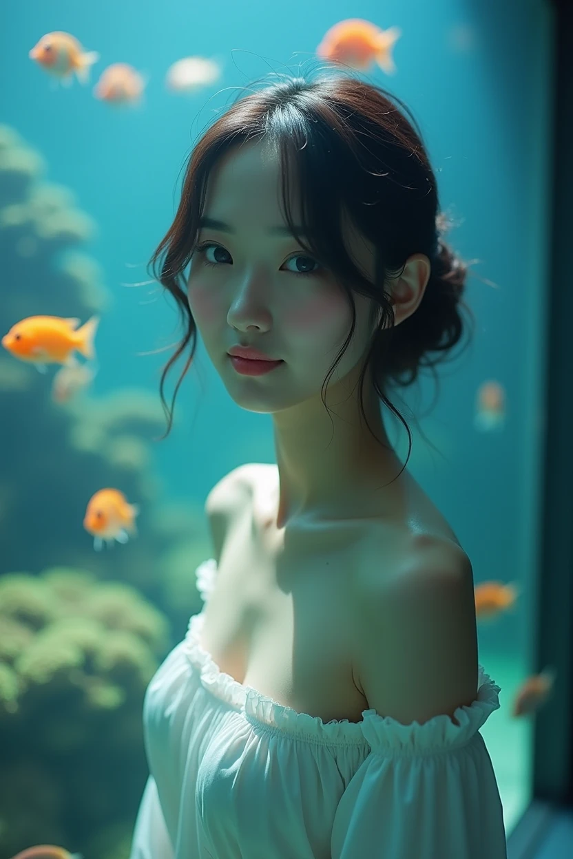 Very delicate and beautiful, wonderful, In detail, masterpiece, Very detailed, High resolution,Best Shot, Best Shadow,Complex,Sharp focus, high quality, 1 Japan woman, alone.cute,Fuka Koshiba,Yuki Sakurai, aquarium, Aquarium fish, Colorful coral reefs, Woman observing fish, Woman reflected in aquarium、Fish are swimming everywhere, Lens flare,No sleeve,Beautiful breasts,Cool eyes,Glossy Lips,smile,Glowing Skin,Clear Skin,From below,From the waist up、Front blur、OMeters-D E-Meters1 Metersark III,Meters.Zuiko Digital ED 17mm F1.2 Pro,f2.8、Looking into the camera、Waistline、Churaumi