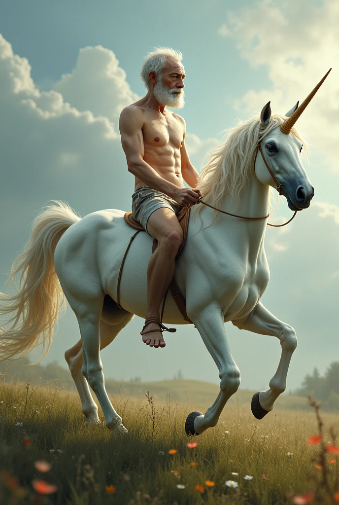 Image of a young man with an old man's face without a shirt riding a unicorn