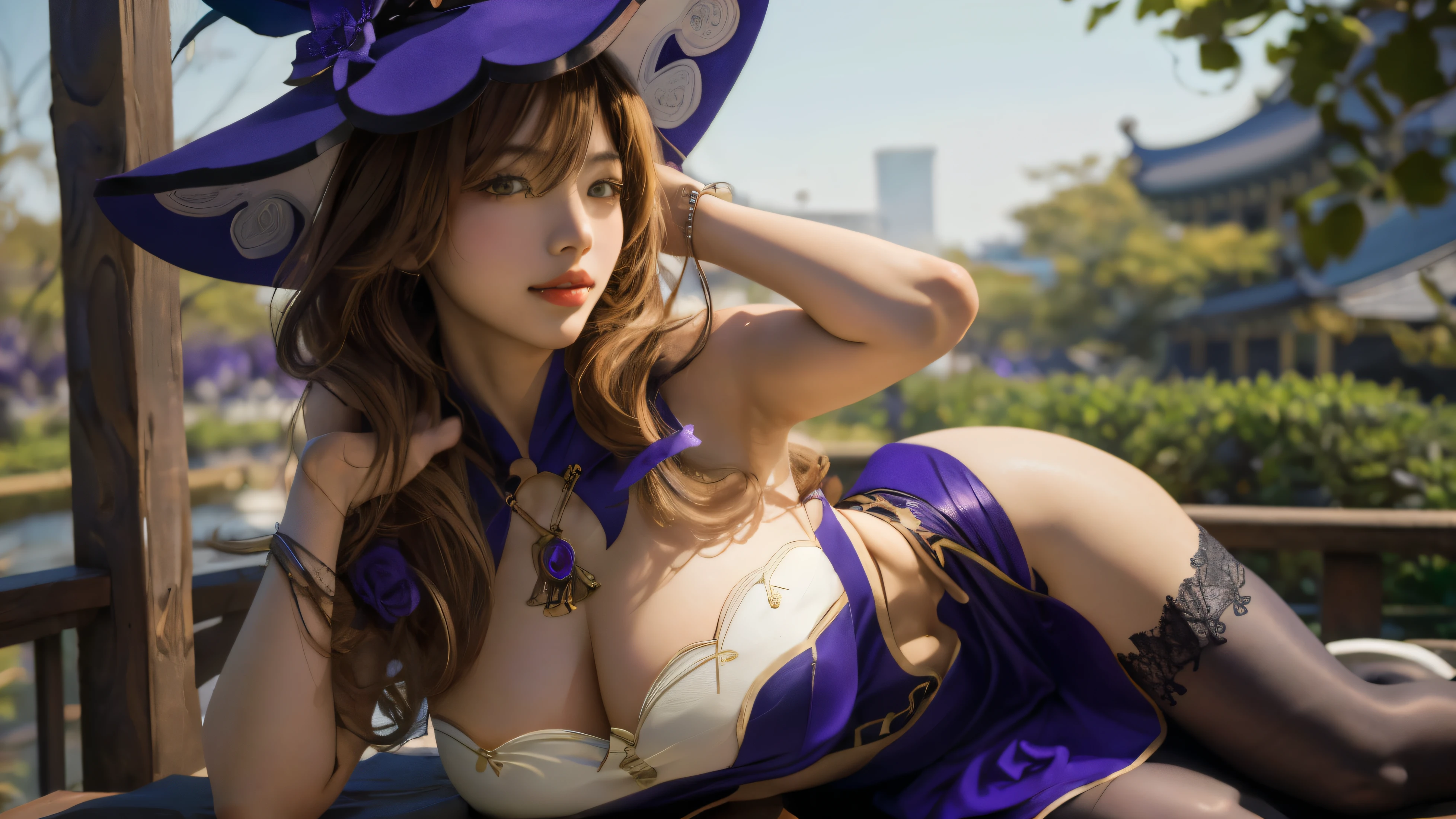 Lisa Genshin Impact with purple costume, witch purple hat, realisstic costume, anime style, (masterpiece:1.35),(bestquality:1.4),8k,ultra-detailed,photography,(ultra-realistic:1.4),film grain,Fujifilm XT3, 1girl, adult, (sexy Asian female:1.45), solo, female focus, (open purple skirt)!!, traditional chinese building background with cherry blossoms, on bridge,  long hair, (yellow hair)!!!, curvy hair, realistic hair, Seductive Smile, (green eyes), (breast cleavage), two legs, smooth thighs cleavage, armpit, symmetrical hair ornament, hand pose, perfect shadow, (correct anatomically), (full purple costume)!!!