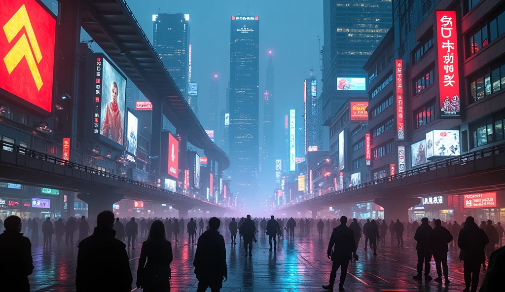(Cyberpunk photography:1.4) photo of a futuristic cyberpunk cityscape, with towering neon-lit skyscrapers, massive digital billboards, and a labyrinth of elevated highways, the streets below crowded with people wearing futuristic attire, flying cars zipping between the buildings, and a glowing mist enveloping the scene, wide-angle framing, in a dense urban setting with vibrant, saturated colors and stark contrasts, shot from a low angle, on a Sony A7R IV with a 24-70mm lens, with a (high contrast neon effect:1.3), in the style of (Syd Mead:1.2)