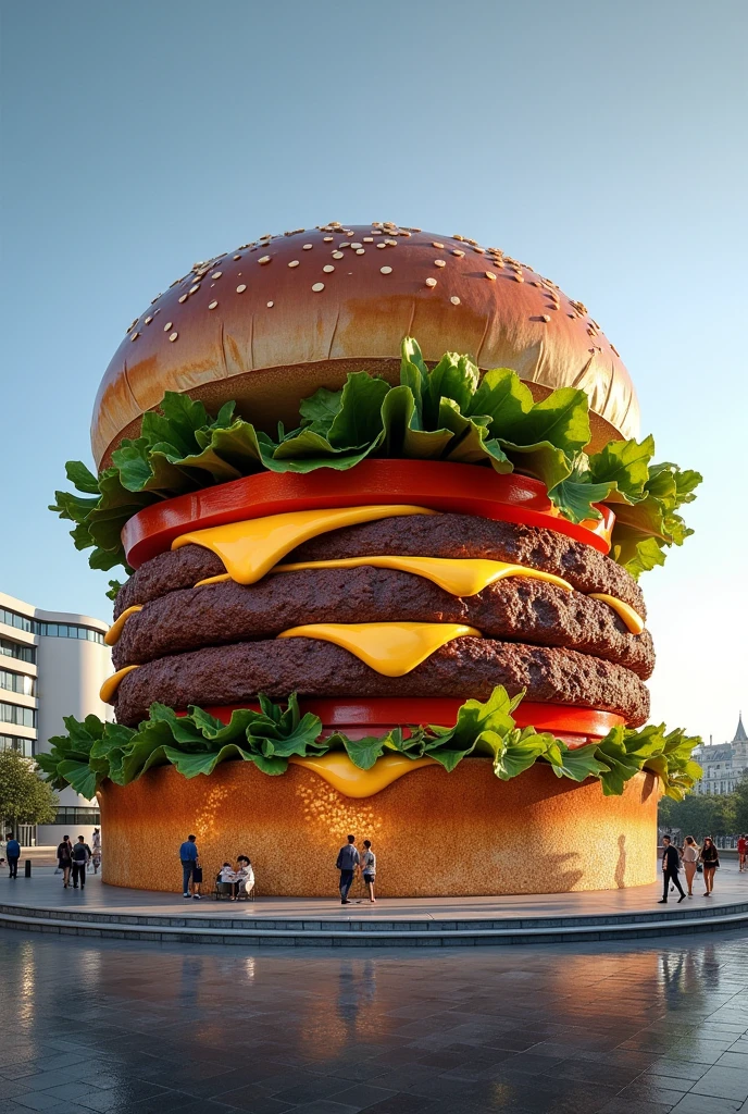 Generate an image of a modern hotel in the shape of a hamburger. Here is a visual description:
Principal structure: The base of the building is a large structure that simulates the bottom of a hamburger bun.. Es un edificio elegante con vidrio and metal, with a futuristic design that incorporates curved architectural elements to imitate bread.
Meat Floor: he "meat floor" It is a large central platform of the hotel that extends over the main area. This is where the rooms are located. Esta sección tiene una fachada moderna con grandes ventanales and balcones con barandillas de vidrio.
Verduras and Otros Ingredientes: On top, The hotel has a "lettuce cover" and "tomato". Estos son espacios verdes and terrazas con jardines and áreas de descanso. The areas of "queso" They could be leisure areas or restaurants with glass roofs for a bright atmosphere..
Pan Superior: he "pan superior" It is the top floor of the hotel, con una forma redondeada and curvada, and tal vez una azotea con vistas panorámicas de la ciudad. This apartment may have a rooftop pool with a design that simulates a layer of melting cheese.
he exterior del hotel puede estar decorado con luces LED que cambian de color, imitando el brillo and el aspecto apetitoso de una hamburguesa.