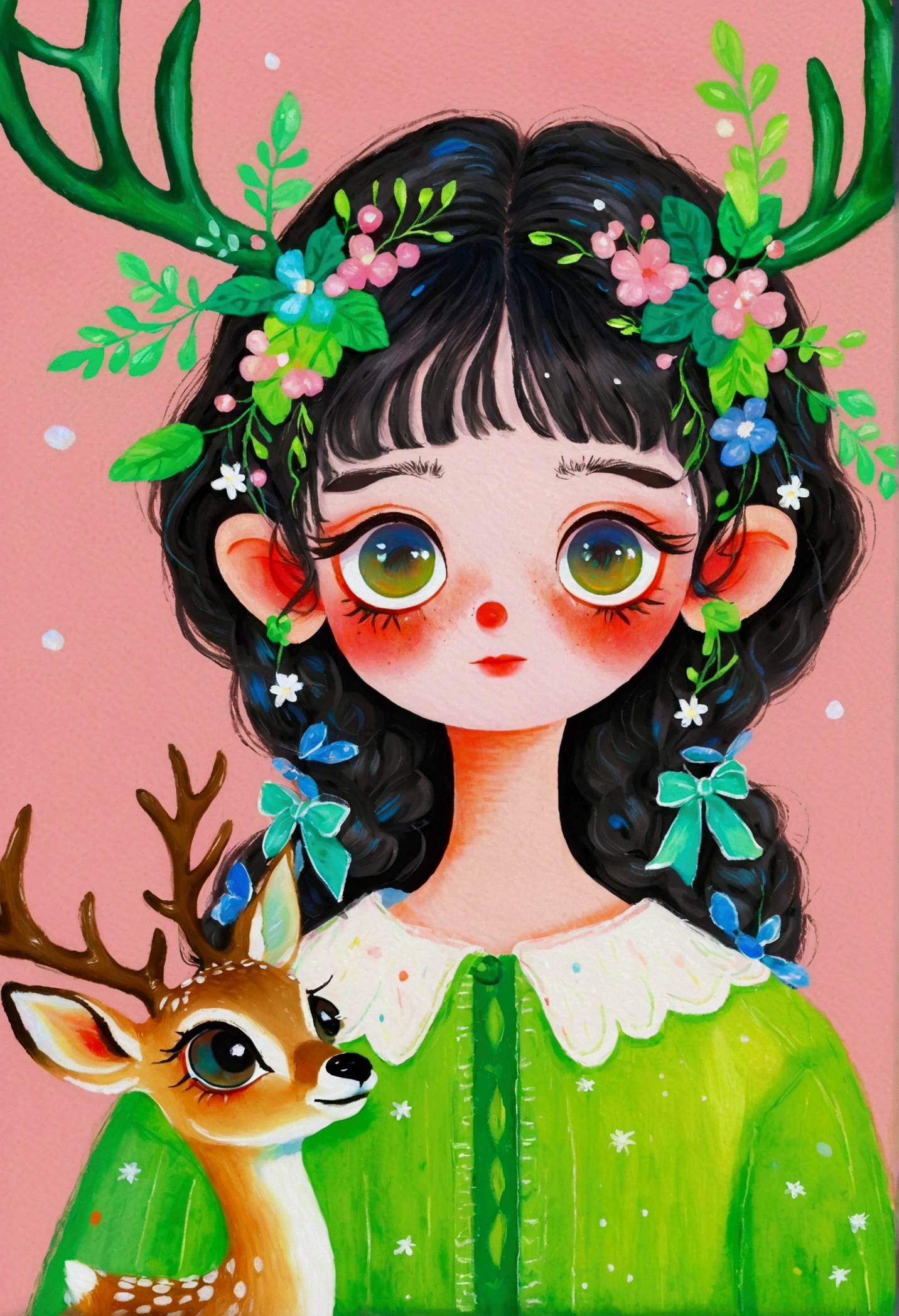 A painting,Pastel Art:Portrait of girl with deer antlers and green clothes, big eyes, Elf。Rich details,Fine hair