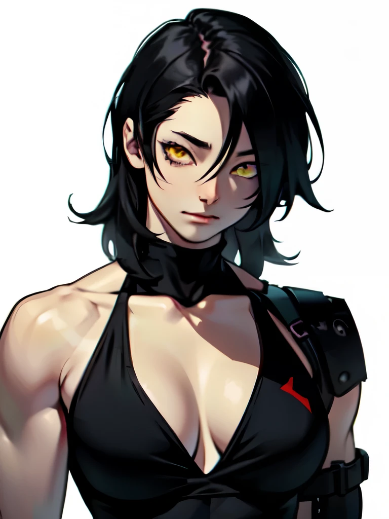 muscular girl large breasts empty eyes sad black hair yellow eyes pale skin