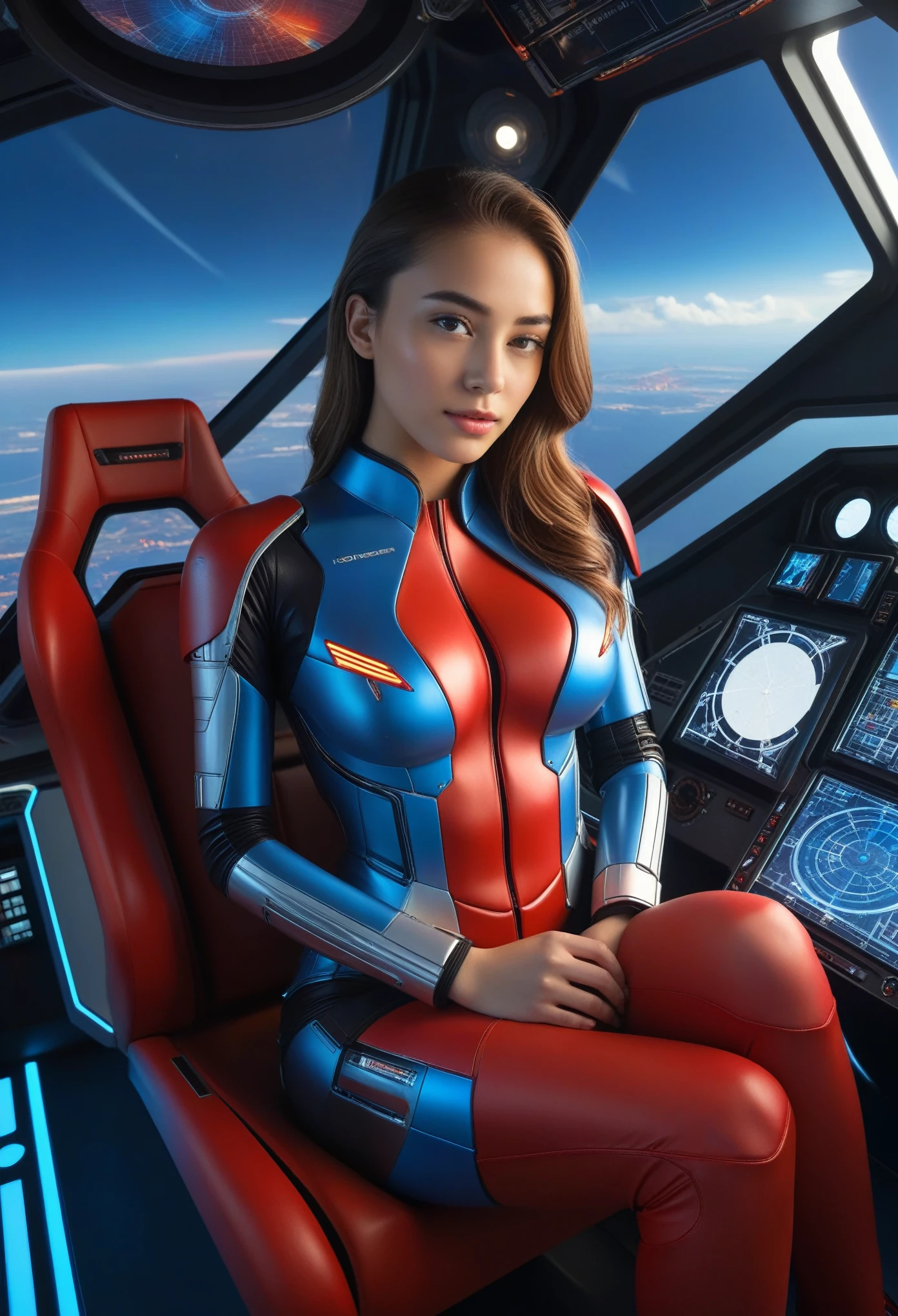 a beautiful 18-year-old girl, graceful expression, sitting in the cockpit of a spaceship, mechanical engineering background, holographic map black and blue and white and red color scheme, highly detailed, masterpiece, photorealistic,8k,hyper detailed, cinematic lighting, dramatic lighting, dramatic pose, dramatic atmosphere, intricate details, sharp focus, vibrant colors, volumetric lighting, cinematic composition, dramatic sci-fi atmosphere, vibrant colors, digital art, highly detailed, photorealistic, award winning concept art, Yaiba, toned thighs, futuristic erotic and sexy suit, big breasts 