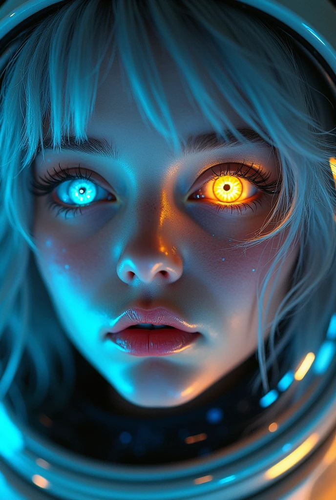 (Close-up of a better masterpiece:1.5)0.9], (Space and astronauts:1.2) (Messy silver hair:1.1) (Heterochromia xanthochromia and blue eyes:1.2) (Space Helmet:1.0) (Colored stars in the eyes:1.0) (A radiant glow:1.1) (thick lips:0.9)