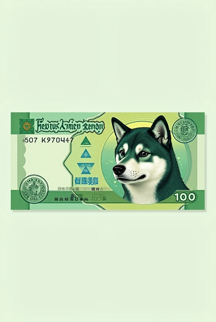 green money note called shiba inu. horizontal rectangular, with the design of a circle and inside the head of a shiba dog, three wavy lines from the top to the bottom of the note, in the middle of the first and last closure of these lines several small blue triangles. the value of the note is in the lower right and upper left corners, sendo $ 100, Furthermore, in the lower left corner there is a triangle with another triangle inside with the word shiba written on it and the dollar sign in a circle..  