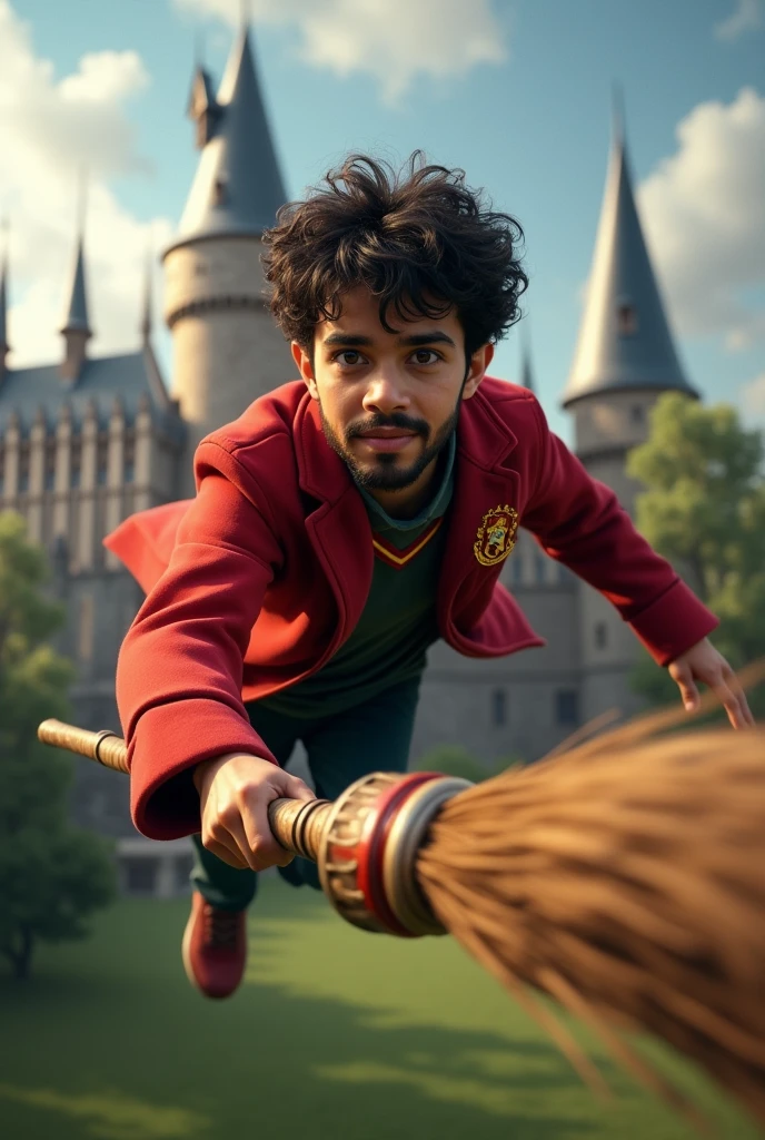 Generate an image of a young Latino, short dark curly hair and short full beard, wearing a Gryffindor quidditch uniform and riding a Nimbus broom 2001
