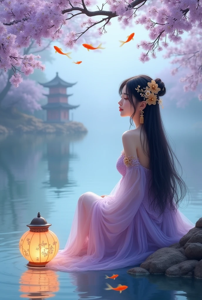 {
"prompt": "An ethereal scene with a young woman sitting by a tranquil lake. She wears a flowing gown of sheer, pastel lavender and pink fabrics. Her long dark hair is adorned with delicate gold hair ornaments shaped like flowers. In the misty background, a distant pagoda-style structure is visible. Small orange and goldfish swim in the clear reflective water. Overhead, branches with purple and lavender leaves add a whimsical touch. A glowing lantern with floral patterns rests by her side in the water, casting a warm, soft light. The setting blends traditional Asian art with fantasy elements, emphasizing tranquility and otherworldly beauty.",
"size": "1024x1792"
}