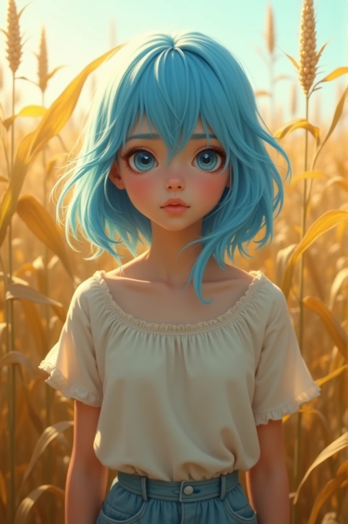 A girl with blue hair in corn field