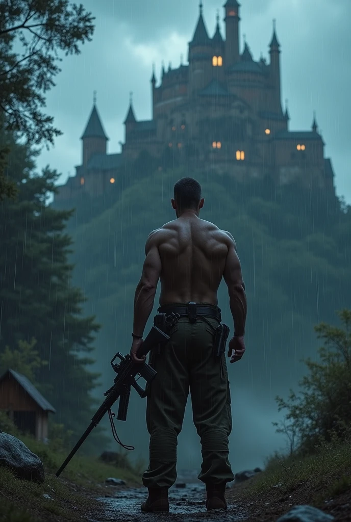 Shirtless muscular soldier standing holding his automatic weapon, He has no sword, looking at the huge castle on top of the hill, It's night and it's raining hard, that the photograph complies with the framing of the thirds, that has a dark fantasy style from an 80s movie