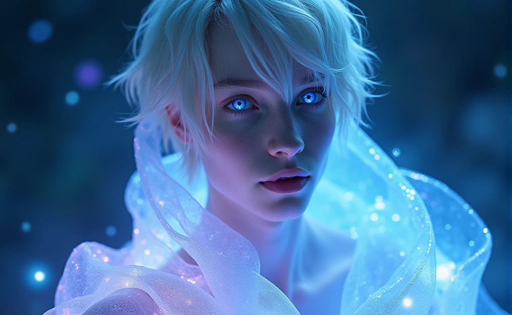 This image portrays an enchanting man character with a striking, ethereal appearance. The character has pale, almost porcelain-like skin and short, white hair that is slightly tousled. Their eyes are vibrant, with a shimmering quality that reflects a spectrum of blues and purples, giving them a mystical, otherworldly gaze. The character is draped in a translucent, flowing material that glows with shades of blue, purple, and aqua, reminiscent of the night sky or a galaxy. This material wraps around them, enhancing their celestial and enigmatic aura. The background also contributes to this theme, with a deep, cosmic ambiance filled with subtle, star-like patterns and light trails, which blend seamlessly with the character's attire. Overall, the image exudes a cool, serene, and magical atmosphere, with the character embodying a celestial or astral being, seemingly beyond the mortal realm. The interplay of light, color, and texture adds depth to the image, making it visually captivating and evocative of a dreamlike world.