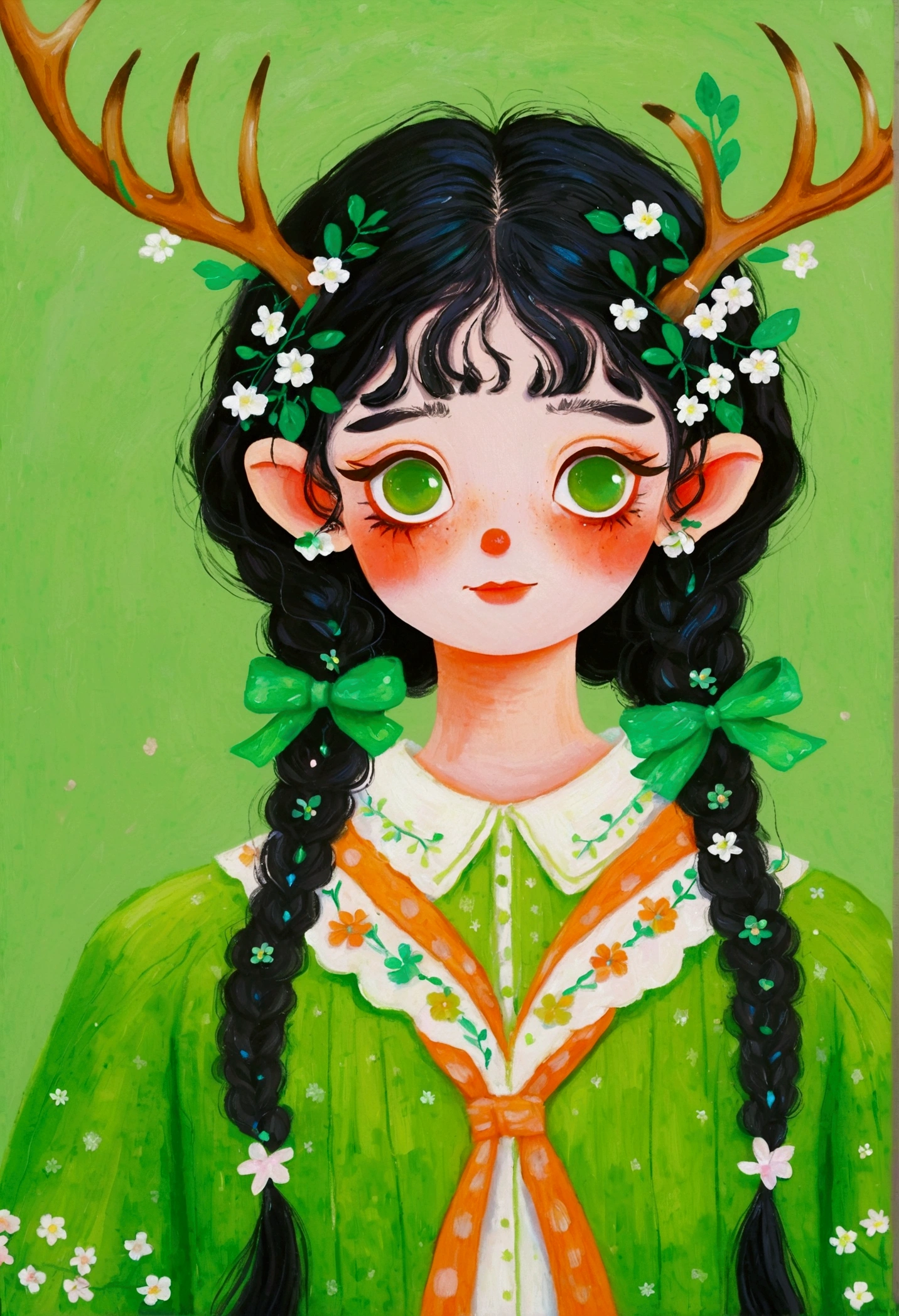 A painting,Pastel Art:Portrait of girl with deer antlers and green clothes, big eyes, Elf。Rich details,Fine green hair