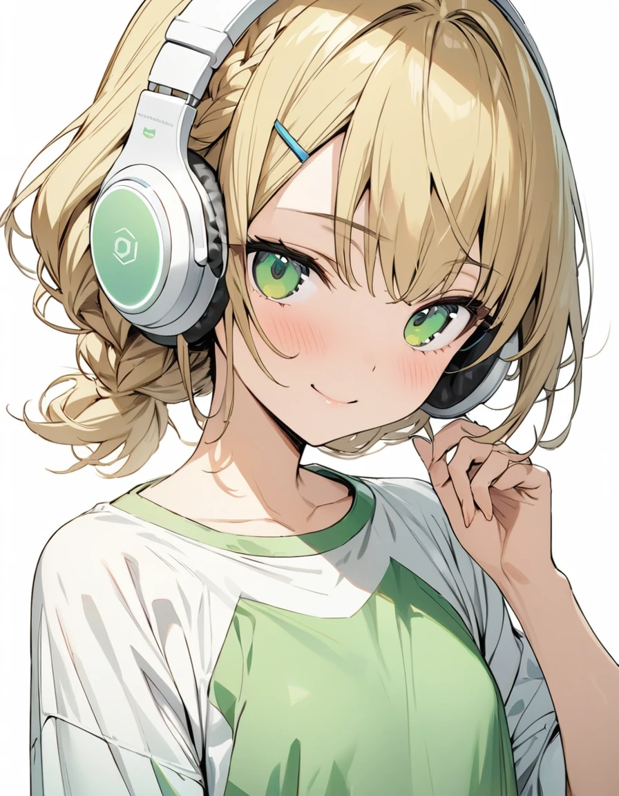 ((ultra-detailed))/one women, short blonde hair and bob hair.、beautiful green eyes、a braid, I tied my hair in a bun with a hair clip..、smile、gentle smile on her face、flat chest, one Beautiful girl,((masterpiece, illustration, best quality) ((ultra-detailed))/solid white background,blank background, while wearing wireless white headphones, full upper body, green blank shirt
