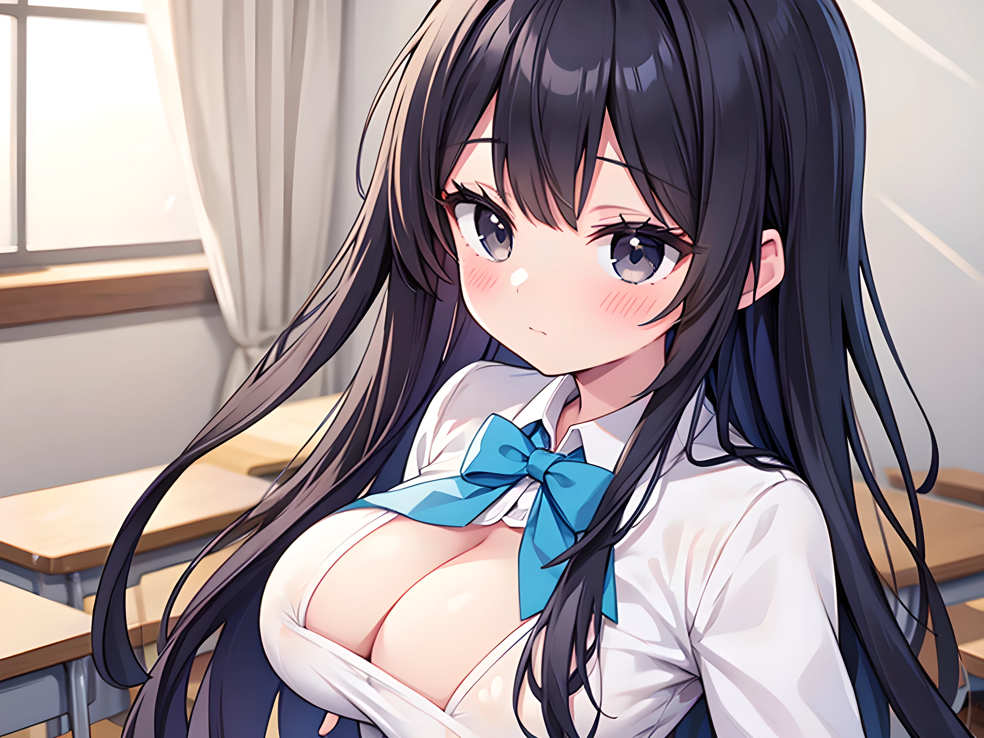 (super fine illustration,8K CG wallpaper,best quality,extremely detailed,ultra high res,best aesthetic),(upper body,chest focus),(1 girl,age,beautiful girl,cute girl),(detailed beautiful face,beautiful black eyes,beautiful black hair),(blush),(saggy breast,perfectly shaped areola),(school uniform),((expose breast,breast out)),(bend forward),(classroom)