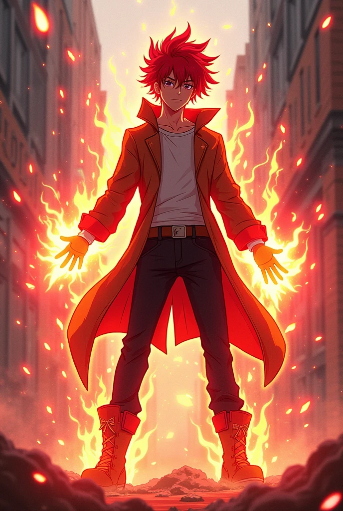 A 19 year old boy with plasma energy around him with red colour hair wearing boots coloured hair in anime style
