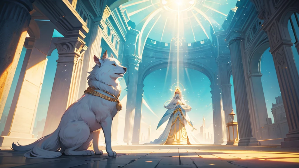 create a scene of divine light, with immense splendor, descending from the sky in the middle of the day