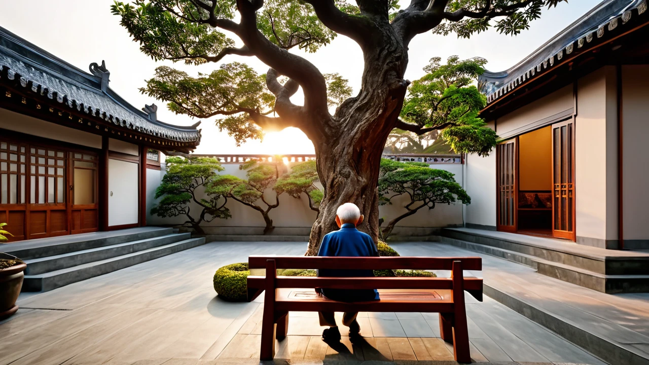 masterpiece, high quality animation, hyper-realistic aesthetic photo, (HDR:1.2), pore and detailed, intricately detailed, graceful and beautiful textures, RAW photo, 16K, sharp focus, cinematic lighting, (vivid colors), (crisp details), (Kaohsiung private residence courtyard), (wooden bench), (elderly man playing erhu), (children playing nearby), (sunset atmosphere), (large tree), (sky)