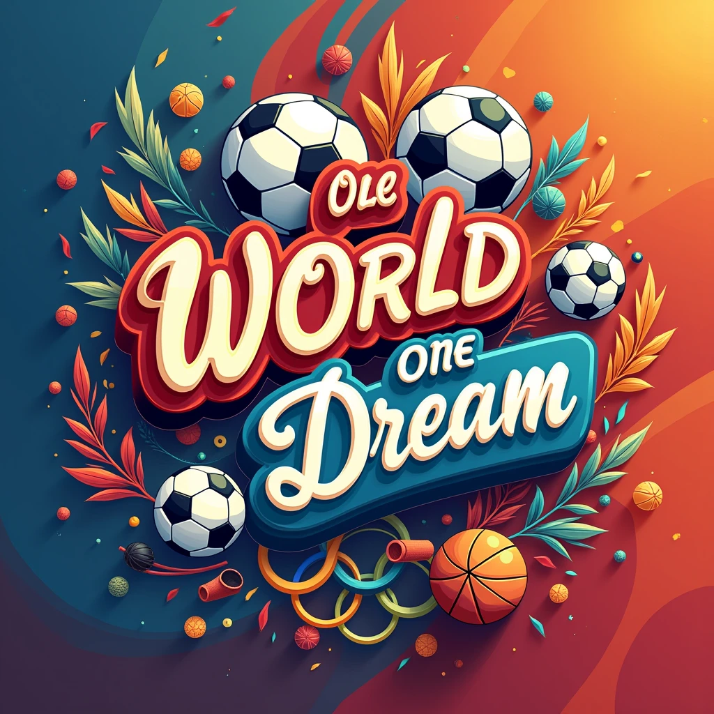 Typography Poster design, vectorial art, logo of ball sports, Olympic theme, text "One World One Dream", vivid, masterpiece, best quality, Professional, ultra-detailed, intricate details