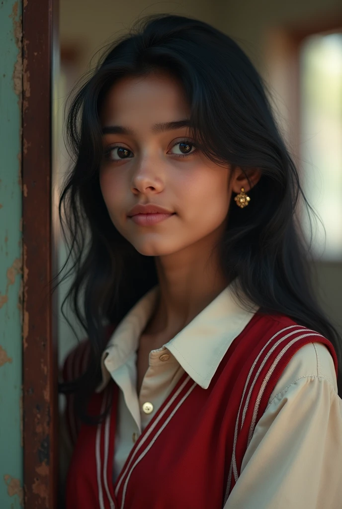 Indian Beautiful girl in school dress very large chest size, very fair or white age is 14 years realistic sleeping with boys