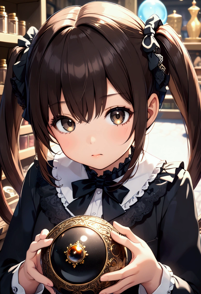 (nsfw:1.5)((垂れeye)),(((Twin tails))),Dark brown hair,pupil_Black,pupil_big,eye_small,Baby Face,round face,8k wallpaper, (shape:0.8), (Beautiful attention to detail:1.6), Highly detailed face, Perfect lighting, Extremely detailed CG, (Perfect hands, Perfect Anatomy),Gothic Lolita,Her occupation is novelist,Her hobby is collecting power stones.,shopping,Antique shop,Magic Shop,I was happy to find black quartz in the store.,