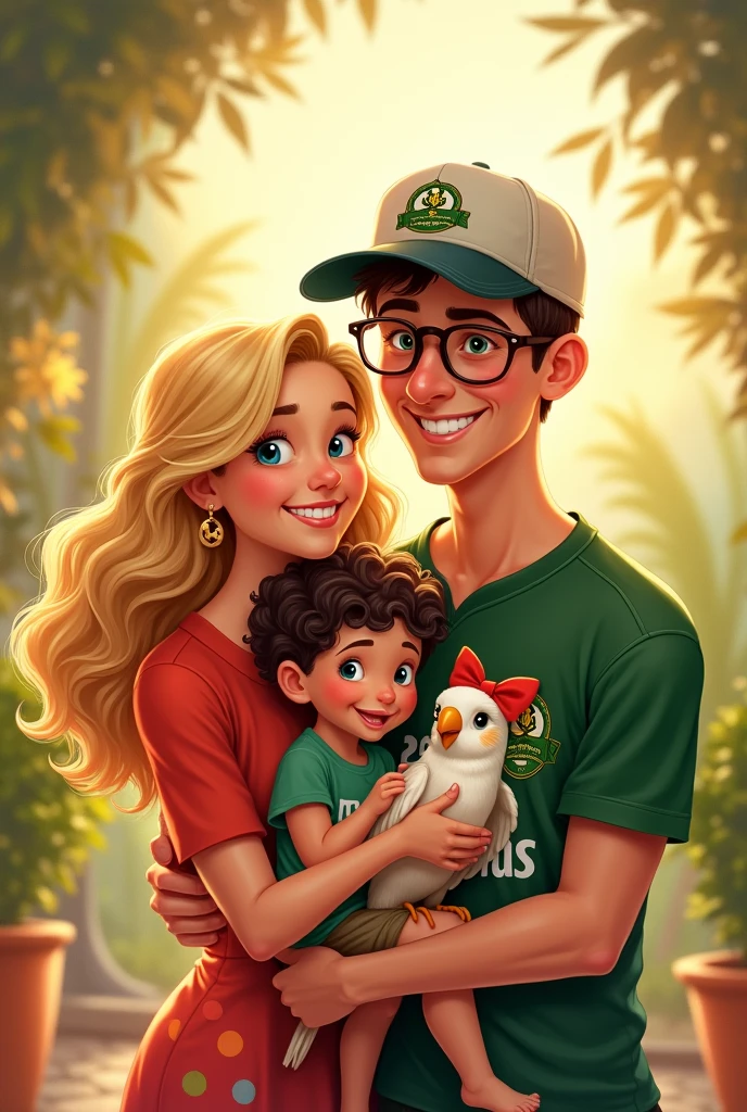 A drawing of a family of 4 all smiling,
The mother with blonde highlights and long curly hair.
the father with a cap, he is bald and has a short Palmeiras shirt.
the son has short dark hair and glasses and is holding a cockatiel.
youngest daughter with long brown curly hair with a red bow.
Disney style