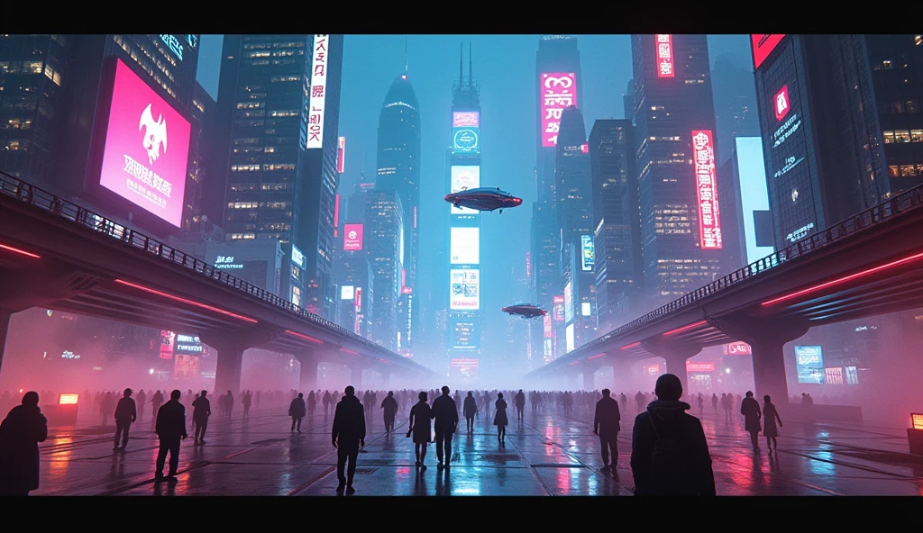(Cyberpunk photography:1.4) photo of a futuristic cyberpunk cityscape, with towering neon-lit skyscrapers, massive digital billboards, and a labyrinth of elevated highways, the streets below crowded with people wearing futuristic attire, flying cars zipping between the buildings, and a glowing mist enveloping the scene, wide-angle framing, in a dense urban setting with vibrant, saturated colors and stark contrasts, shot from a low angle, on a Sony A7R IV with a 24-70mm lens, with a (high contrast neon effect:1.3), in the style of (Syd Mead:1.2)