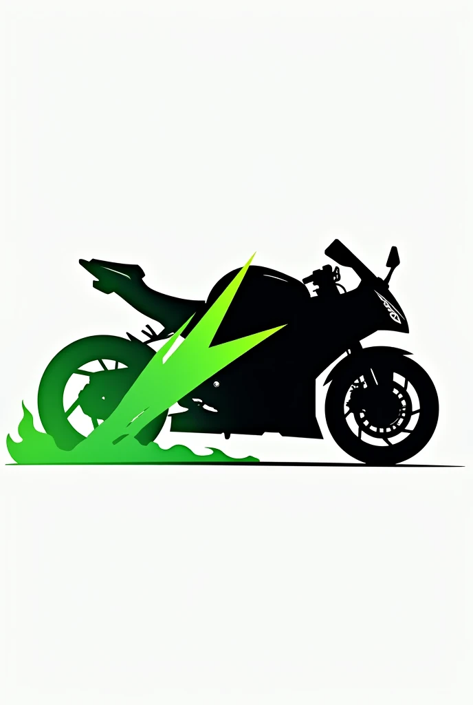 A green lightning bolt silhouette logo in the shape of a Kawasaki Ninja 300 sports bike that has just fallen on the road  , the angle is in profile, striking 