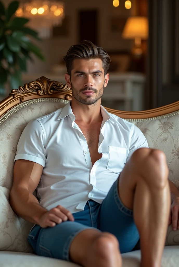 makes image of a thin white man with a model&#39;s body, at 33 years old, with short hair,  clear eyes, white  shirt, blue shorts, lying on a fancy sofa

