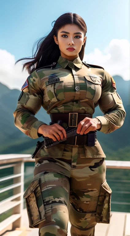 (best quality,4k,8k,highres,masterpiece:1.2),ultra-detailed,realistic,Malaysian women in tight army uniform,strong determination,confident,brave,stern gaze,professional,adorned with medals,sharp focus,physically-based rendering,vivid colors,studio lighting,Malaysian flag backdrop,proud,unwavering spirit,inspiring,regal,encouraging diversity,respectful representation,traditional attire,fierce warriors,dedicated service,heroic,striking pose,defending the nation,unbreakable bond of sisterhood,courageous soldiers,exquisite details,dressed in camouflage,representing strength and grace.