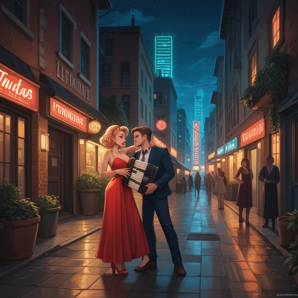An atmospheric urban scene at night featuring a tango dance in a narrow alley, illuminated by flickering neon lights. The setting is filled with the sound of an accordion and the pulse of drums, creating a passionate and intense atmosphere. Dancers are silhouetted against the neon glow, their movements dramatic and full of emotion. The environment captures the gritty romance of the city, reflecting the struggle and beauty of urban life through the art of dance, surrounded by echoes of music and the shadows of the night