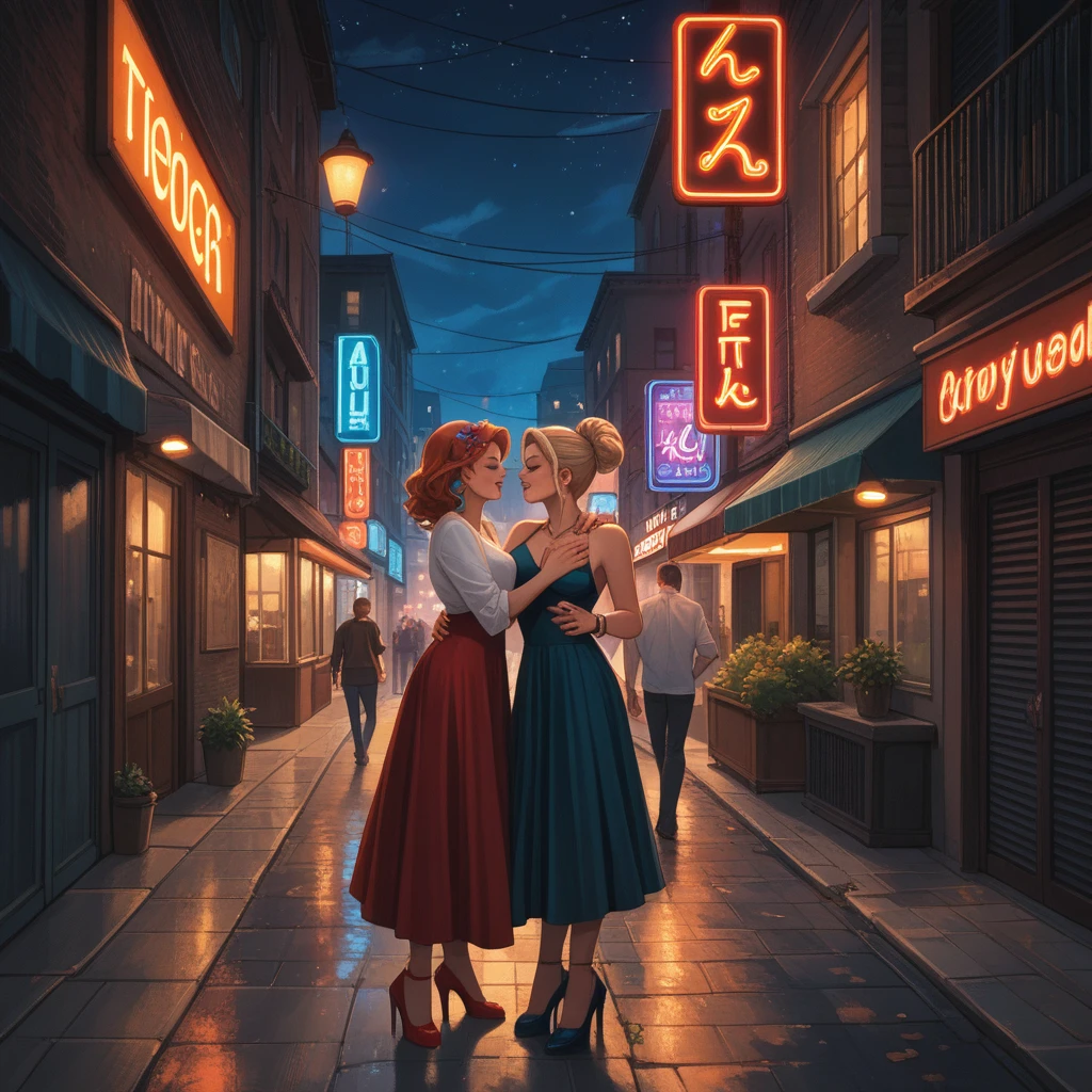 An atmospheric urban scene at night featuring a tango dance in a narrow alley, illuminated by flickering neon lights. The setting is filled with the sound of an accordion and the pulse of drums, creating a passionate and intense atmosphere. Dancers are silhouetted against the neon glow, their movements dramatic and full of emotion. The environment captures the gritty romance of the city, reflecting the struggle and beauty of urban life through the art of dance, surrounded by echoes of music and the shadows of the night