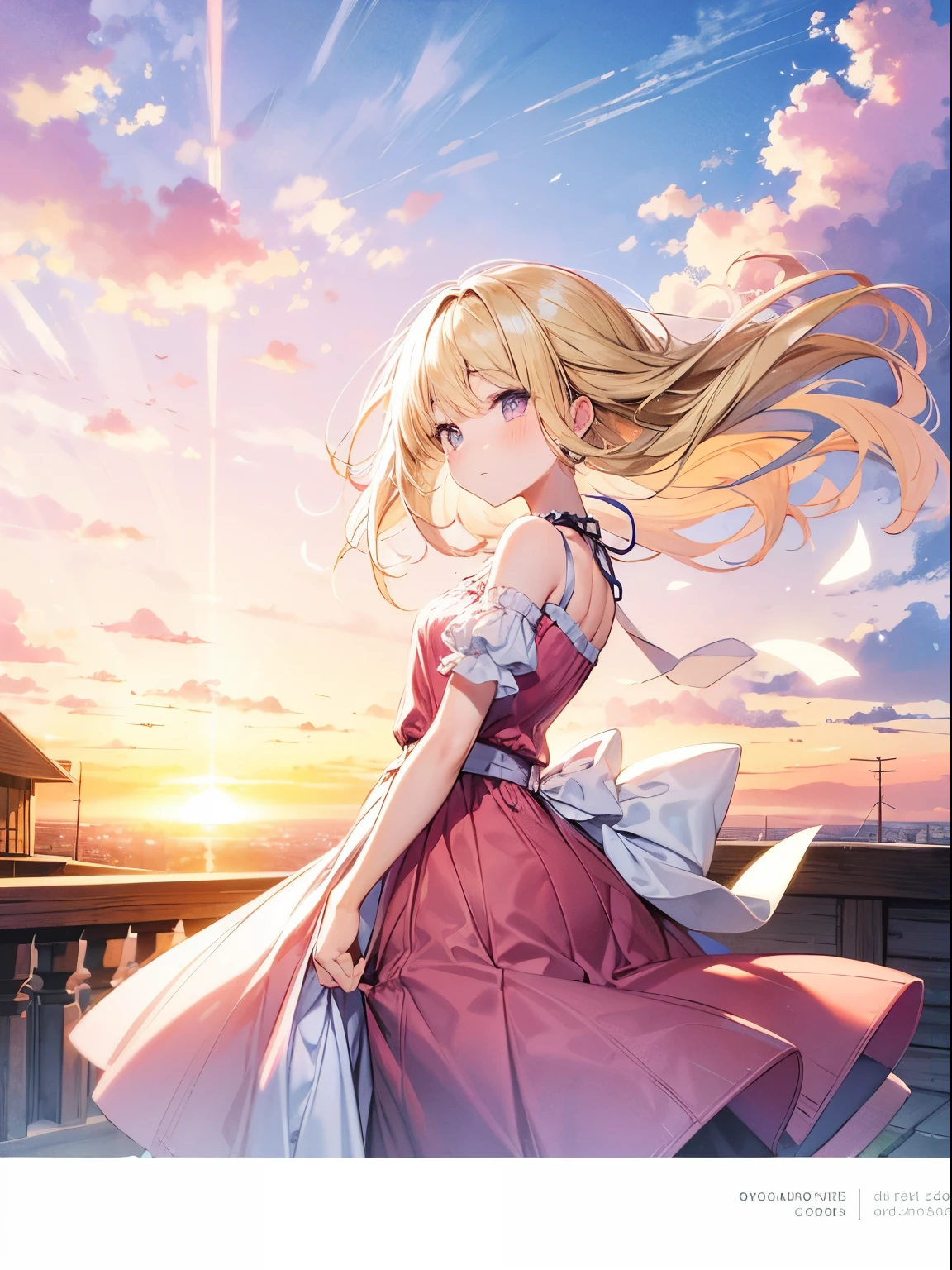 roof, roof дома, Young woman, blonde, hair flutters in the wind, , pink sunset background, Pink clouds