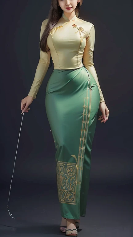 Burmese girl with attractive curvy full body. Friends full-length bikini, (green dress) reflective long dress painted with flower patterns, only dress. hi gh hips High resolution High resolution natural background High resolution HD 3D, 8K cartoon anime