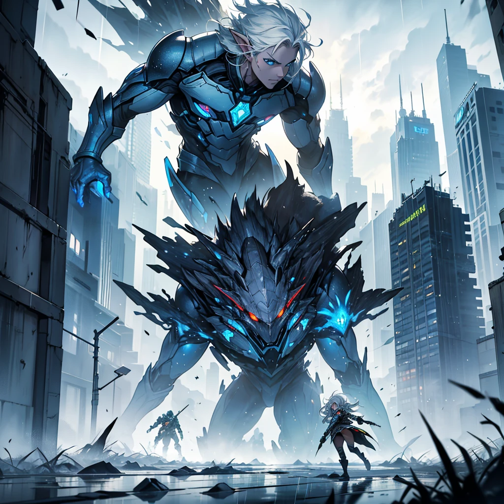 Fragments falling from the sky to a city cloudy sky impacts of alien fragments invasion, Frontline elves in combat spectacular view, great high quality artwork battle zone beast women with guns shooting, small capsules impacting the planet on a rainy day, White haired blue eyed boy scared by something he had never seen before terrified on the ground 