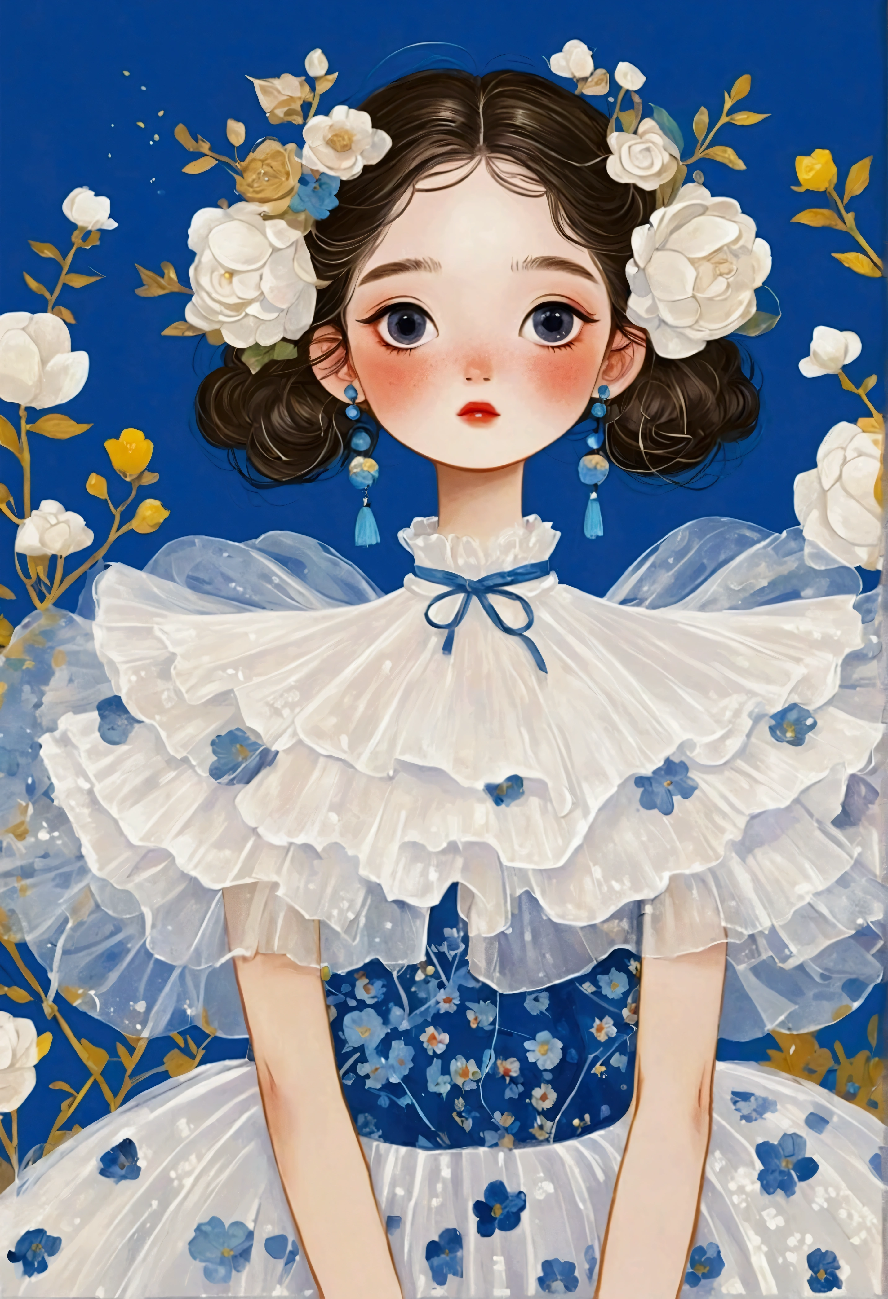 服装设计illustration，The painting shows a portrait of a girl in a dress，big eyes，Fluffy tulle skirt，White Tulle Skirt - Fluffy - Multi-layered，Dress inspired by flowers - flower shape， Popular trends on artstration, 一幅美丽的艺术illustration, Beautiful digital illustrations, 彩色illustration, author：Golden Farmer, 详细的时装illustration, Porcelain skin. Studio Ghibli, illustration, Mei Qing, 创辉illustration, Fantasy illustrations, author：unbelievable，Blue Background，White Cloud
