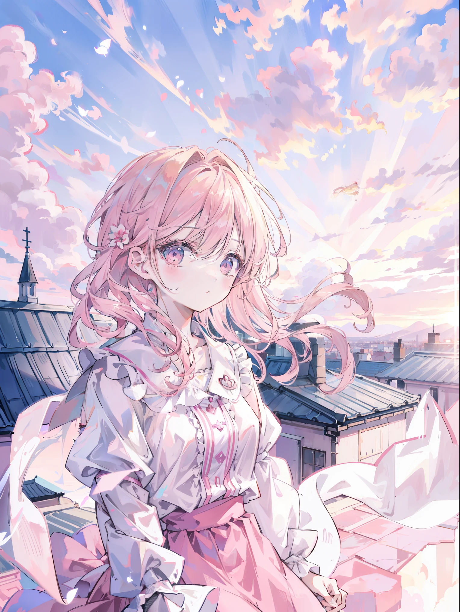 roof, roof дома, Young woman, blonde, hair flutters in the wind, , pink sunset background, Pink clouds