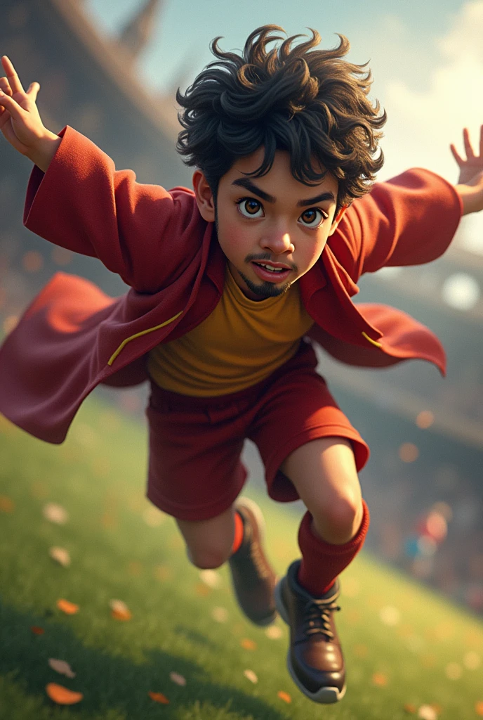 Generate an image of a young Latino, short dark curly hair and short full beard, wearing a Gryffindor quidditch uniform and riding a Nimbus broom 2001