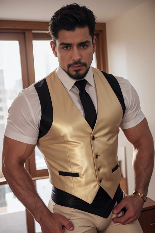 HD 4k wallpaper  handsome man alemán blanco rubio sajon muscular strong and muscular legs, physicist-culturist ,((( well-built))), big lump, in white pants, (((White shirt and black tie and beige and golden hecked vest with gold trim))), well-built, eyes alpha, close up, perfect hands with leather gloves, With a goatee  big bulge 
captivating eyes, perfect face, hyper realistic ultra realistic great detail, in the office, eyes,  35  años de edad , sumamente fuerte y muscled 
