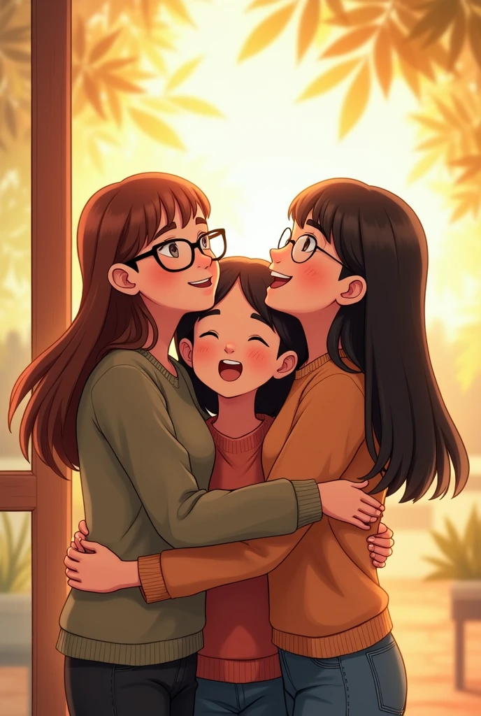 3 friends hugging and looking forward (one of them with glasses and long brown hair, Another one with slightly lighter skin, straight black hair and Chinese eyes, and the last one with medium brown hair and glasses.)