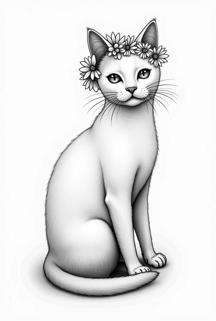 realistic cat, positioned standing sideways, with flowers around her head, tattoo design, minimalistic, micro realism, black andwhite