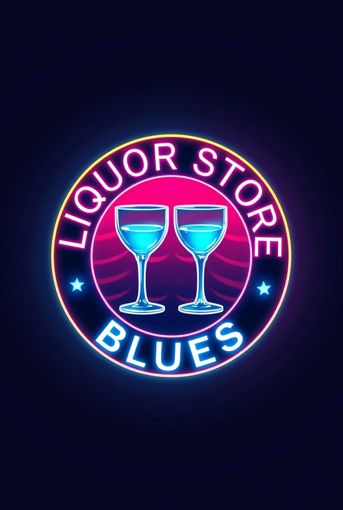 Circular logo of a liquor store called Liquor Store Blues with two glasses in the center and neon-style colors with the name Liquor Store Blues around it