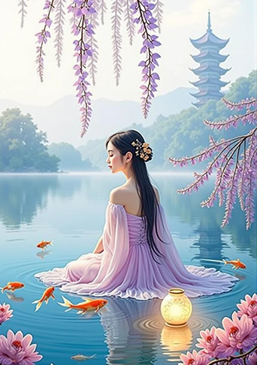 {
"prompt": "An ethereal scene with a young woman sitting by a tranquil lake. She wears a flowing gown of sheer, pastel lavender and pink fabrics. Her long dark hair is adorned with delicate gold hair ornaments shaped like flowers. In the misty background, a distant pagoda-style structure is visible. Small orange and goldfish swim in the clear reflective water. Overhead, branches with purple and lavender leaves add a whimsical touch. A glowing lantern with floral patterns rests by her side in the water, casting a warm, soft light. The setting blends traditional Asian art with fantasy elements, emphasizing tranquility and otherworldly beauty.",
"size": "1024x1792"
}