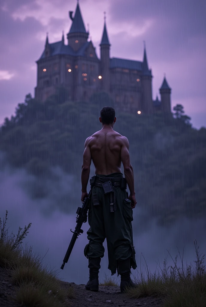 Shirtless muscular soldier standing holding his automatic weapon, He has no sword, looking at the huge castle on top of the hill, It&#39;s night and it&#39;s raining hard, sky with a purple hue, that the photograph complies with the framing of the thirds, that has a dark fantasy style from an 80s movie 