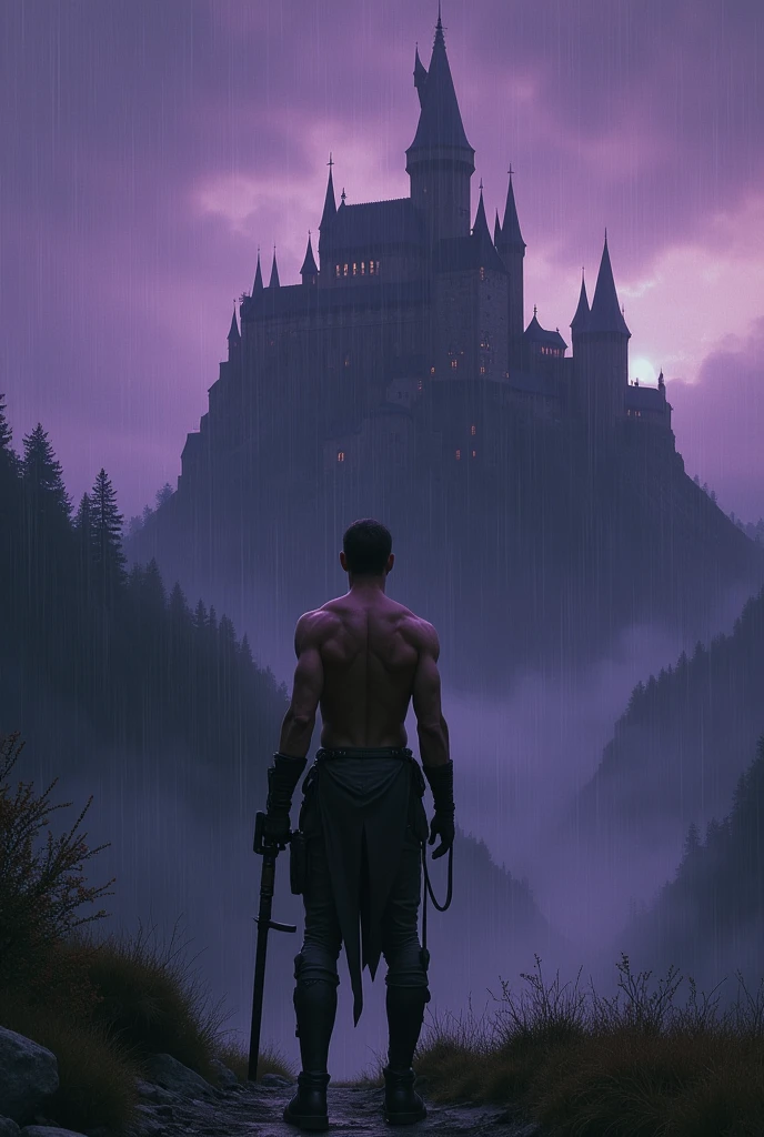 Shirtless muscular soldier standing holding his automatic weapon, He has no sword, looking at the huge castle on top of the hill, It's night and it's raining hard, sky with a purple hue, that the photograph complies with the framing of the thirds, that has a dark fantasy style from an 80s movie