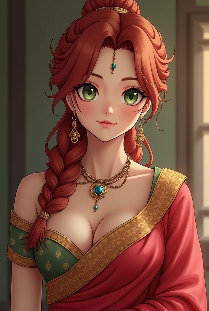 Shizuka,hot, humongous perfect round breast,Perfect body,a wide slim waist,Sexy body,light red colored hair,Green eyes,symetrical face,Sharpness,sharp focus, detailed outfits,Cute smile,looking at viewer,pause,erect through, leaning towards viewer, detailed face,Deep blue diamond on forehead,wearing red traditional silk saree, Indian outfit, traditional blouse ,cleavage,Indian silk saree, navel, groin,full-body portraits,