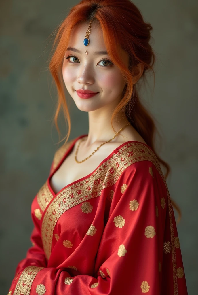 Shizuka,hot, humongous perfect round breast,Perfect body,a wide slim waist,Sexy body,light red colored hair,Green eyes,symetrical face,Sharpness,sharp focus, detailed outfits,Cute smile,looking at viewer,pause,erect through, leaning towards viewer, detailed face,Deep blue diamond on forehead,wearing red traditional silk saree, Indian outfit, traditional blouse ,cleavage,Indian silk saree, navel, groin,full-body portraits,