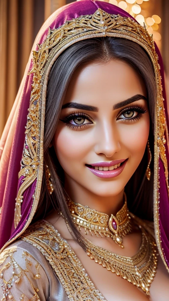Extremely detailed, women, elven, middle eastern women, beautiful body, wearing traditional dress(gray and golden), beautiful sexy twilight eyes, sexy look, light pink lips, open mouth smile,