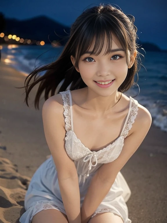 best quality, masterpiece, photo of over the knees, a Japanese pretty girl, pretty summer dress, eye contact, smile, small breast, flat chest, night beach, 