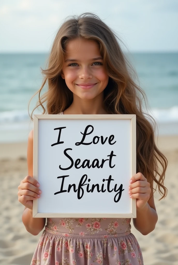 Beautiful girl with wavy long hair, bohemian dress, holding a white board with text "I Love Seaart Infinity" and showing it to the viewer
